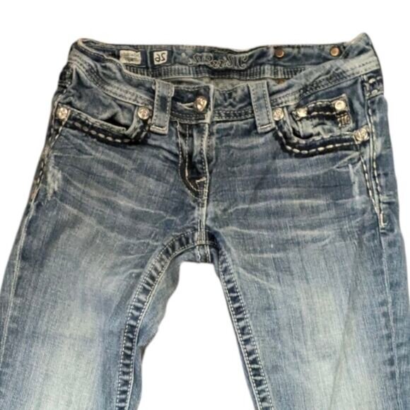 MISS ME Boot Cut Blue Jeans Low Rise Rhinestone Pockets Y2K Denim Women's 26/32 - Picture 7 of 8